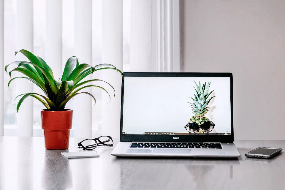 A laptop on a white desk next to a potted plant, glasses and a phone